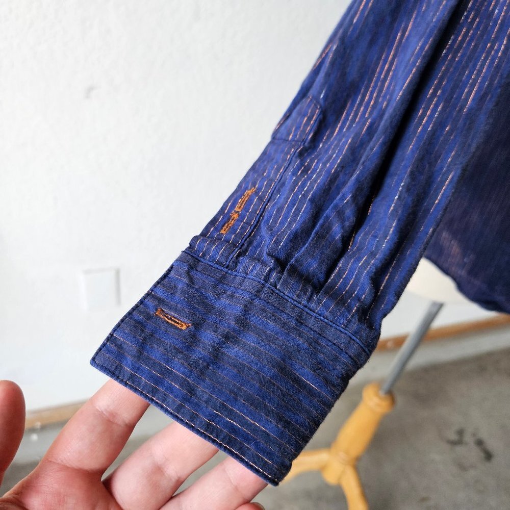 Cruel Girl Womens L Large Blue Navy Copper Gold Stripe Western Long Sleeve Shirt - Picture 4 of 7